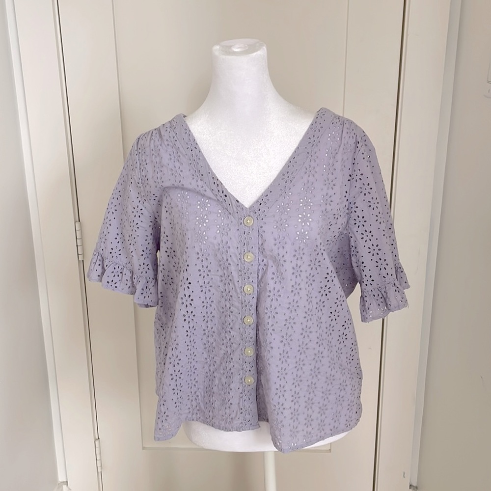 Madewell • Lavender Purple Lace Eyelet Village Ruffle-Sleeve Shirt